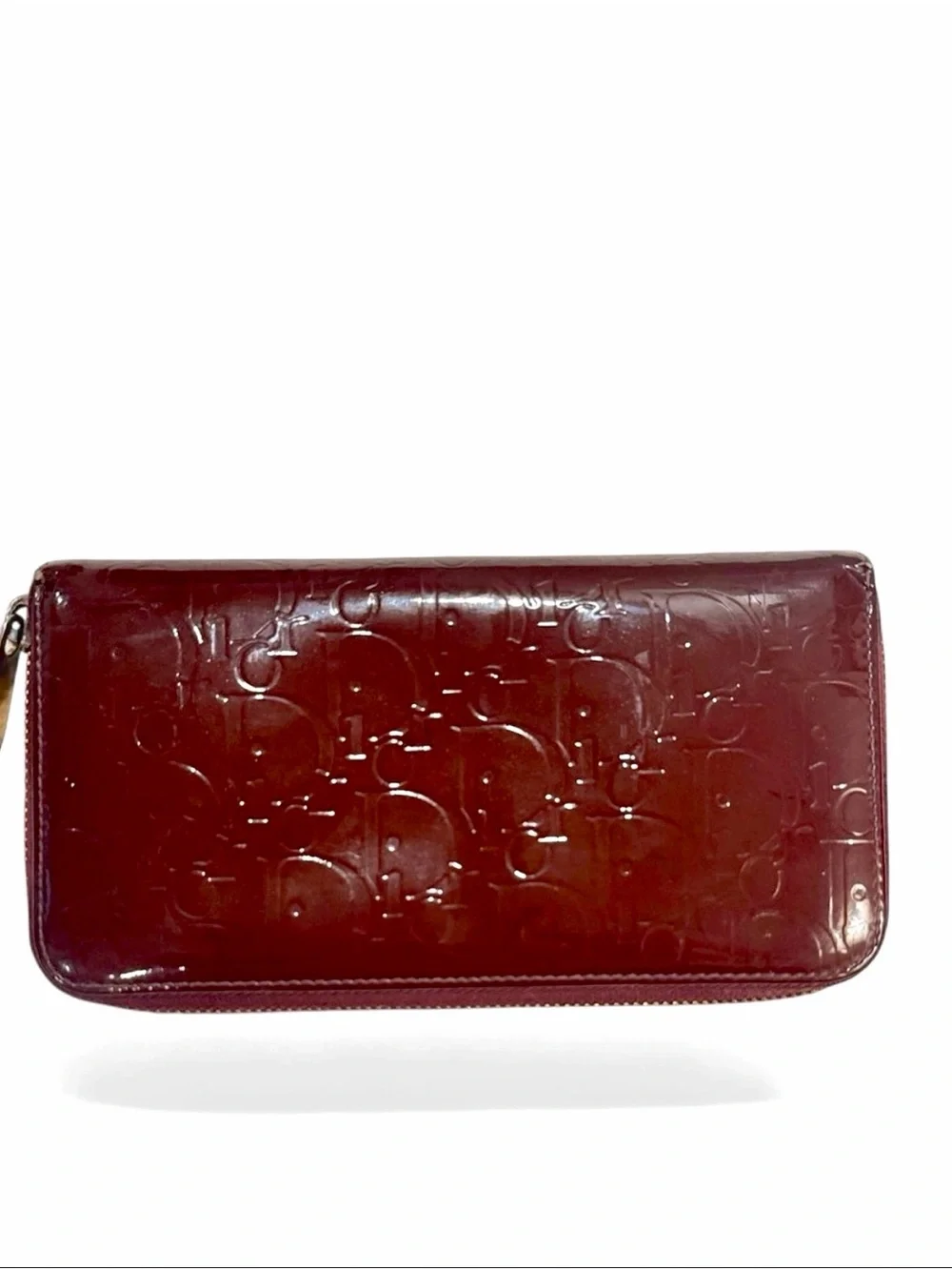 Christian Dior Vintage Trotter Print Patent Leather Long Zip Wallet | Burgundy